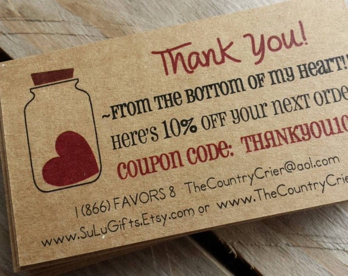 Custom Thank You Cards Promo Coupon Discount Codes to insert with orders for your Etsy Shop Owners or business store