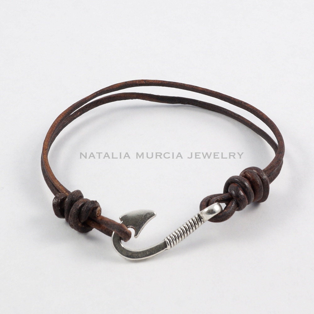 Fish Hook Leather Bracelet. Double Strand by SantaGraciaJewelry