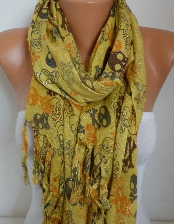 Mustard Skull Print Cotton Scarf Fall ScarfCrossbones