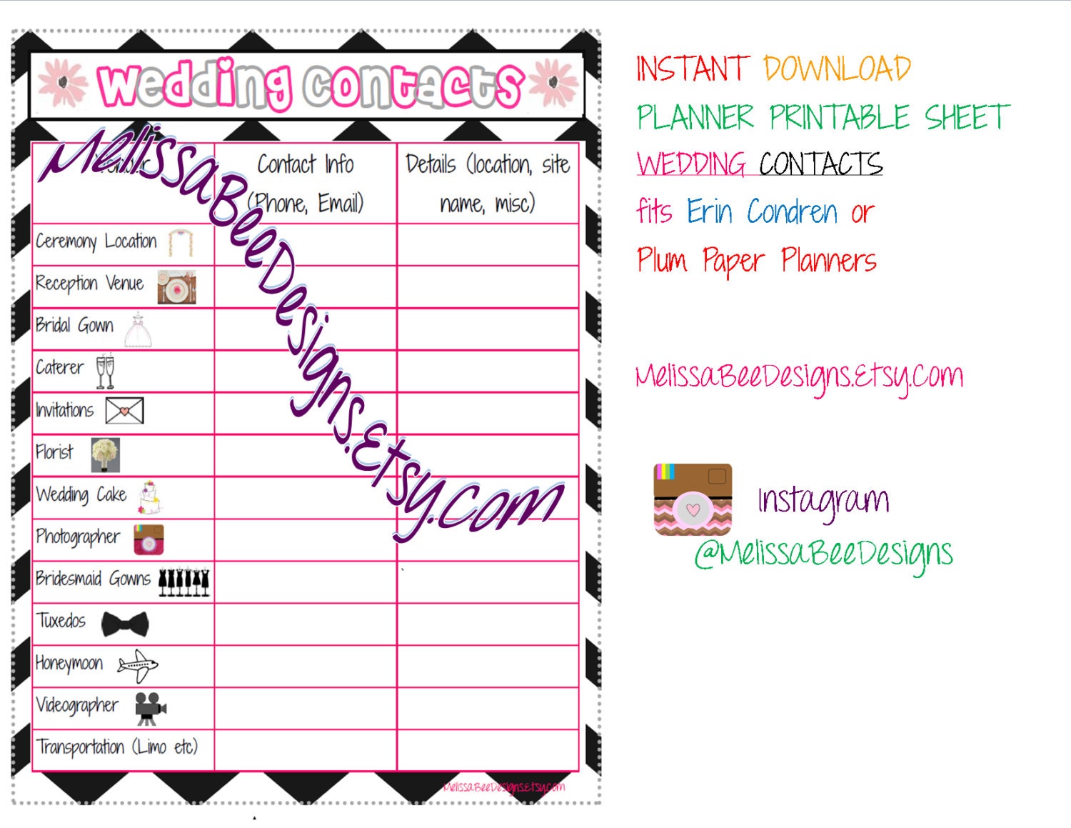 INSTANT DOWNLOAD Wedding Contact Vendor Sheet By MelissaBeeDesigns INSTANT DOWNLOAD Wedding Contact Vendor Sheet By MelissaBeeDesigns