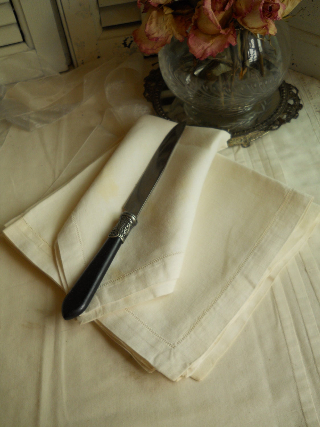 Linen Napkins With Ladder Work Vintage/ Antique Linen Napkins Dining