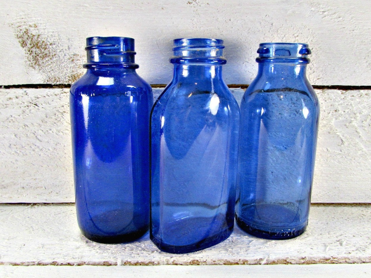 Antique Cobalt Blue Glass Bottle Collection Set Old Medicine