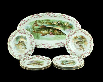 Antique Bawo & Dotter Imperial Crown China Austria Porcelain Fish and Floral Pattern Oval Platter and Set of 8 Plates