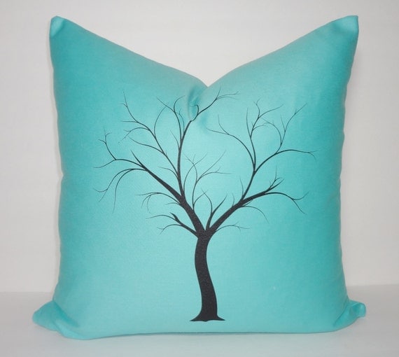 Decorative Tree Print Throw Pillow Cover Aqua Blue Solid Black