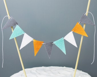 Orange Grey Teal and White Cake Topper Bunting, Boy Birthday Cake Topper, Wedding Cake Banner Topper, Boy Baby Shower Cake Bunting