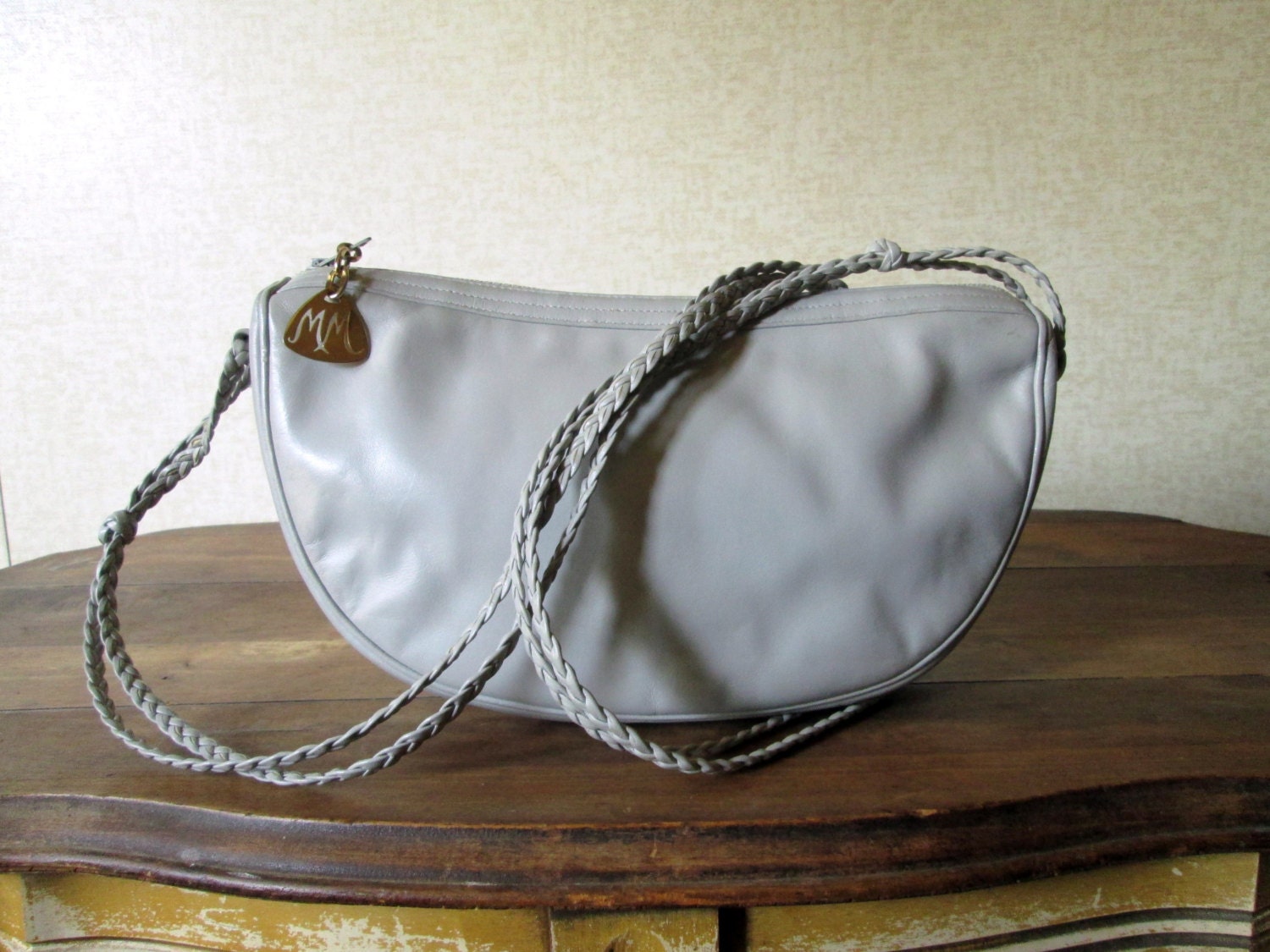 Grey Leather Mini Bag Long strap Crossbody Purse banana bag