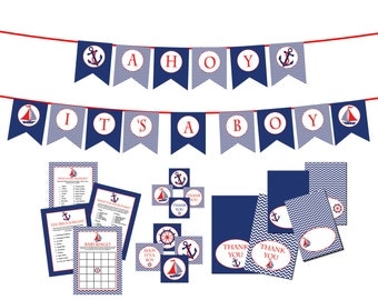 Nautical Boy Baby Shower Decorations Navy Blue and Red INSTANT DOWNLOAD DIY - Ahoy its a Boy Baby Shower - Shower Decorations