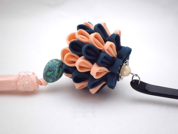 Tsumami Kanzashi Hair Stick / Colorful Flower Ball - Peach and Teal/ Japanese Hair Pin/ Fabric Flower/ Upcycled Kimono/ OOAK