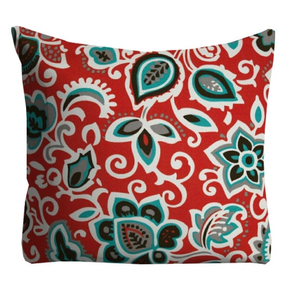 Red Aqua Floral Outdoor Pillows Red Outside Throw Pillows