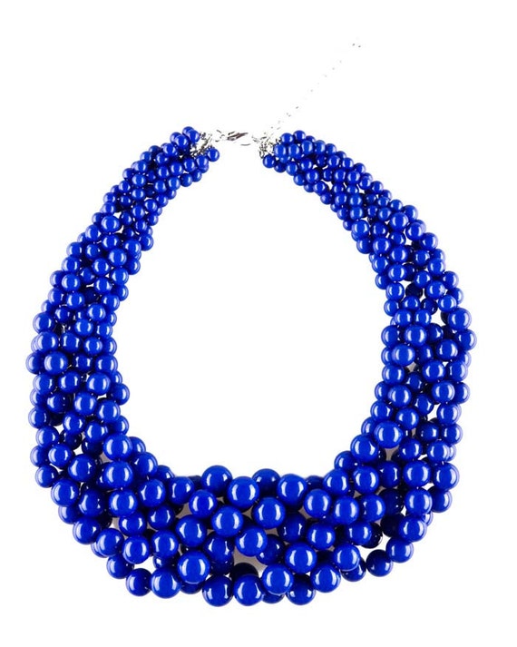 Blue Beaded Chunky Statement Necklace with Multiple Bead