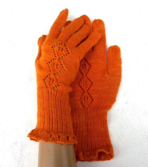 Items similar to knitted orange lace women's gloves, knit gloves with