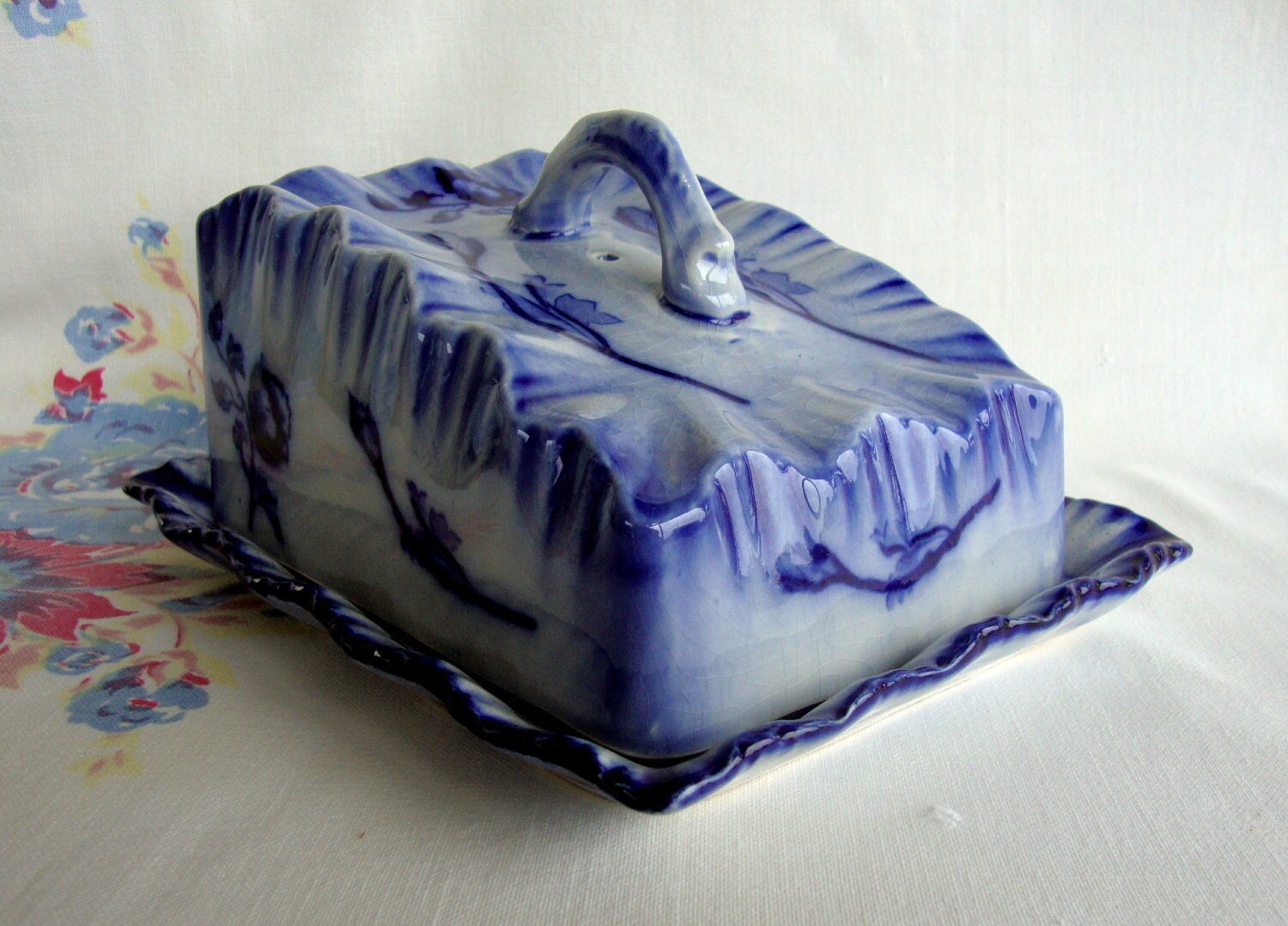 Antique Victorian flow blue cheese keeper covered butter dish