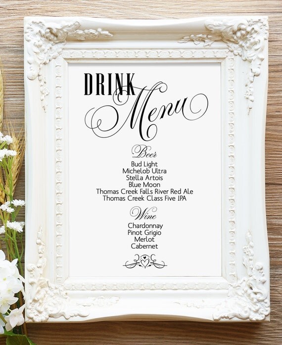 Drink Menu Sign 5 x 7 or 8 x 10 or 11 x 14 Personalized