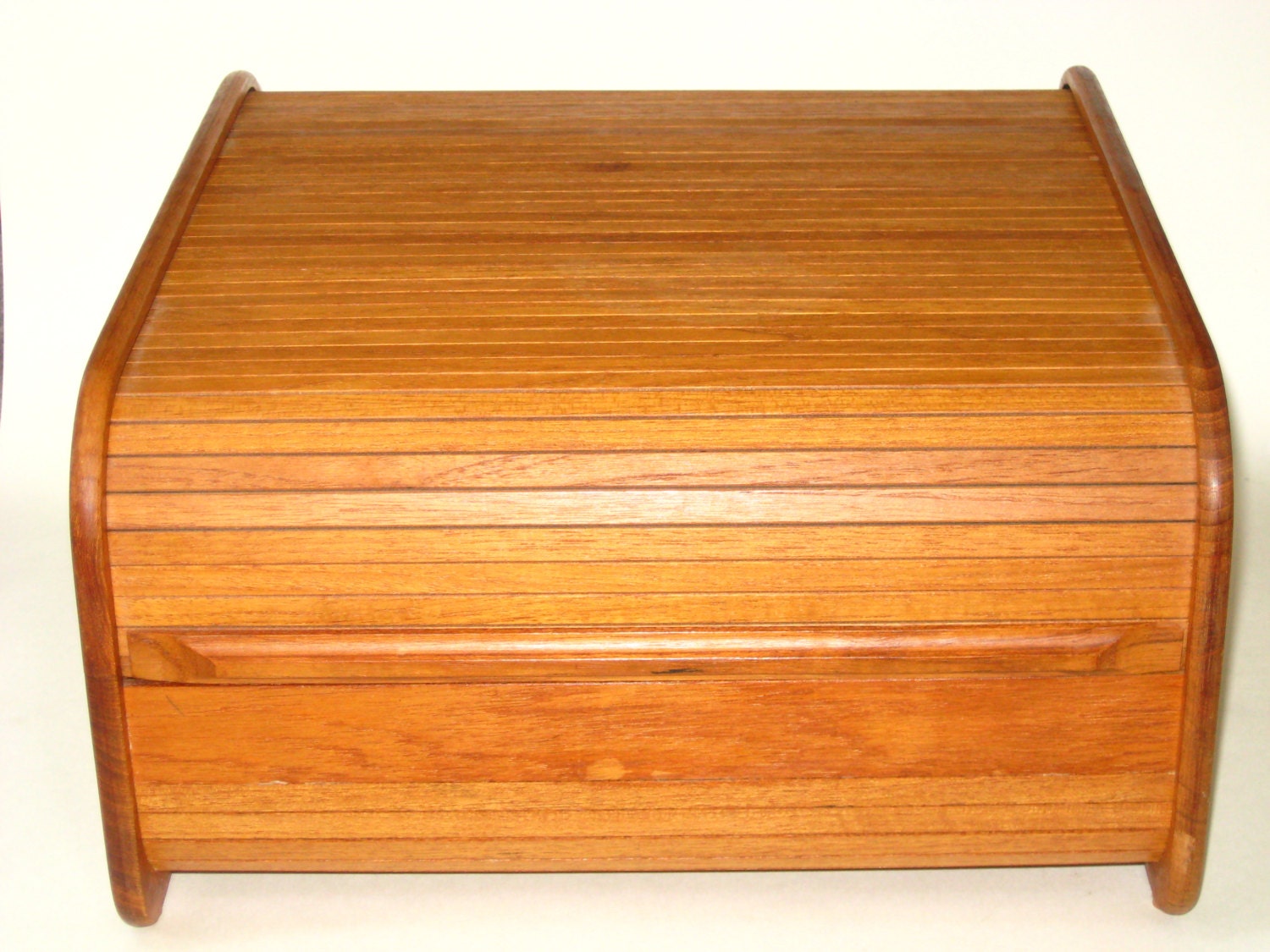 Teak Wood Tambour Roll Top Divided Storage Box / CD Holder
