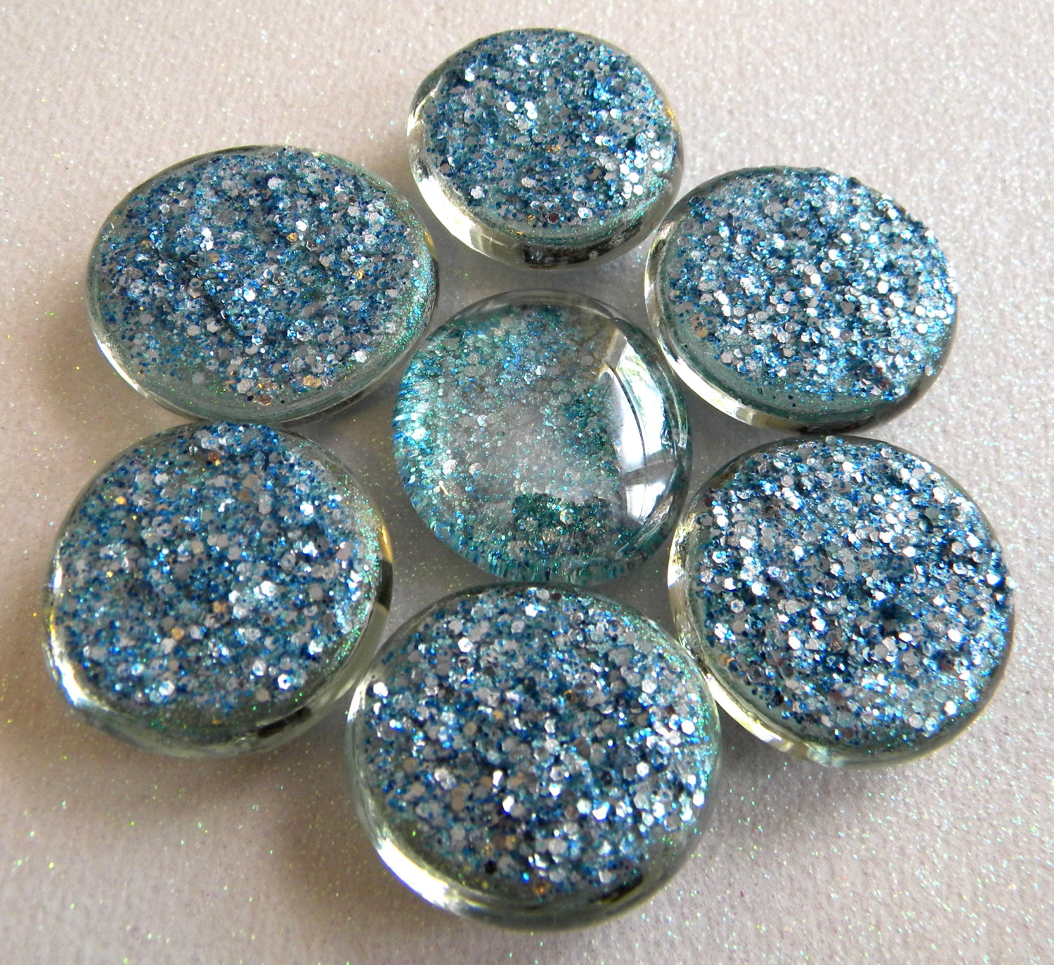 6 LARGE Flat Glass SLATE BLUE Glitter Gems Half