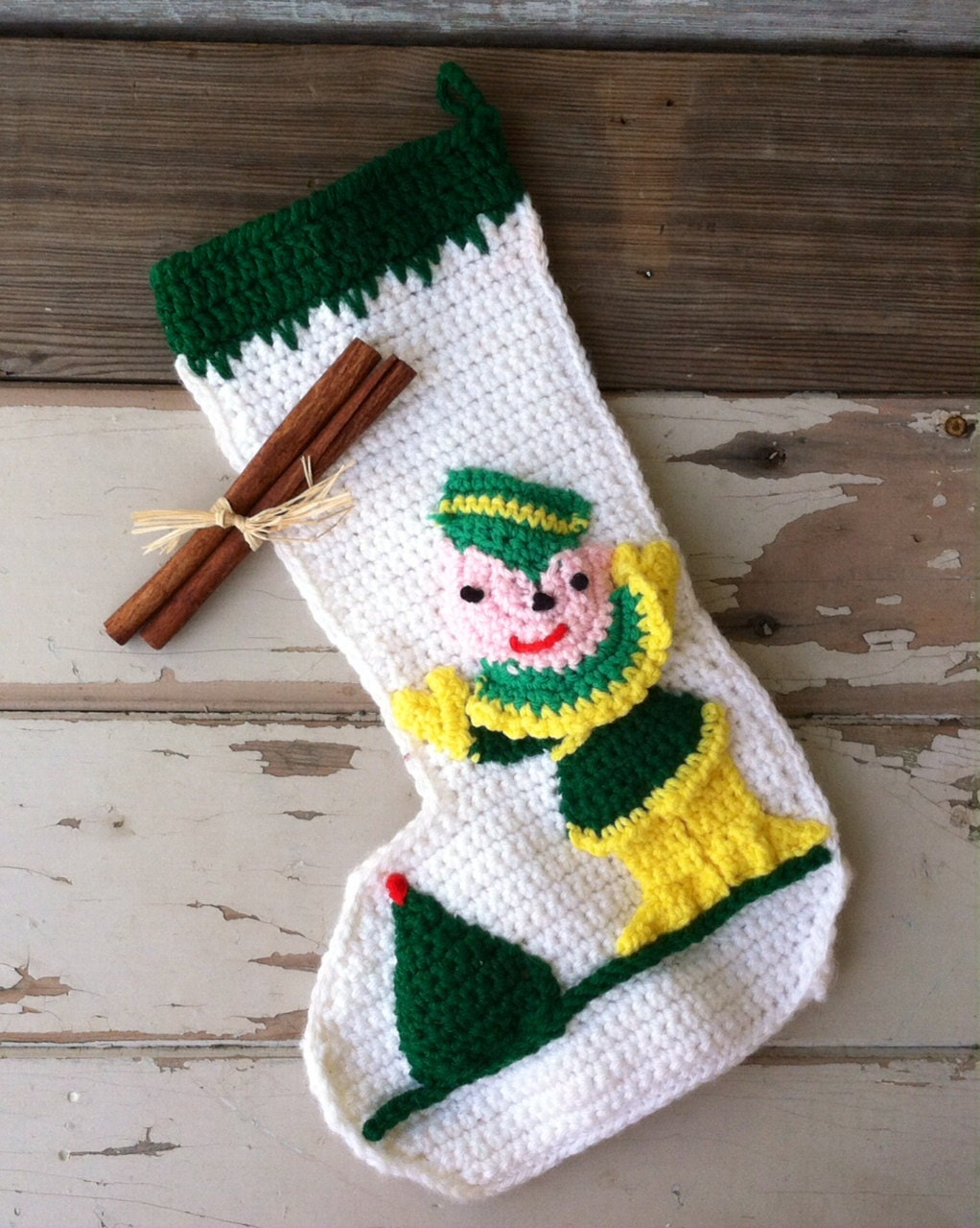 Vintage Christmas Elf Stocking Retro Handmade Yarn Holiday