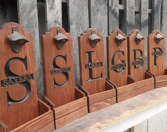 Groomsmen Gift Set 6 to 12 personalized Beer bottle opener with cap catcher - man cave gift for him - Beer pub sign