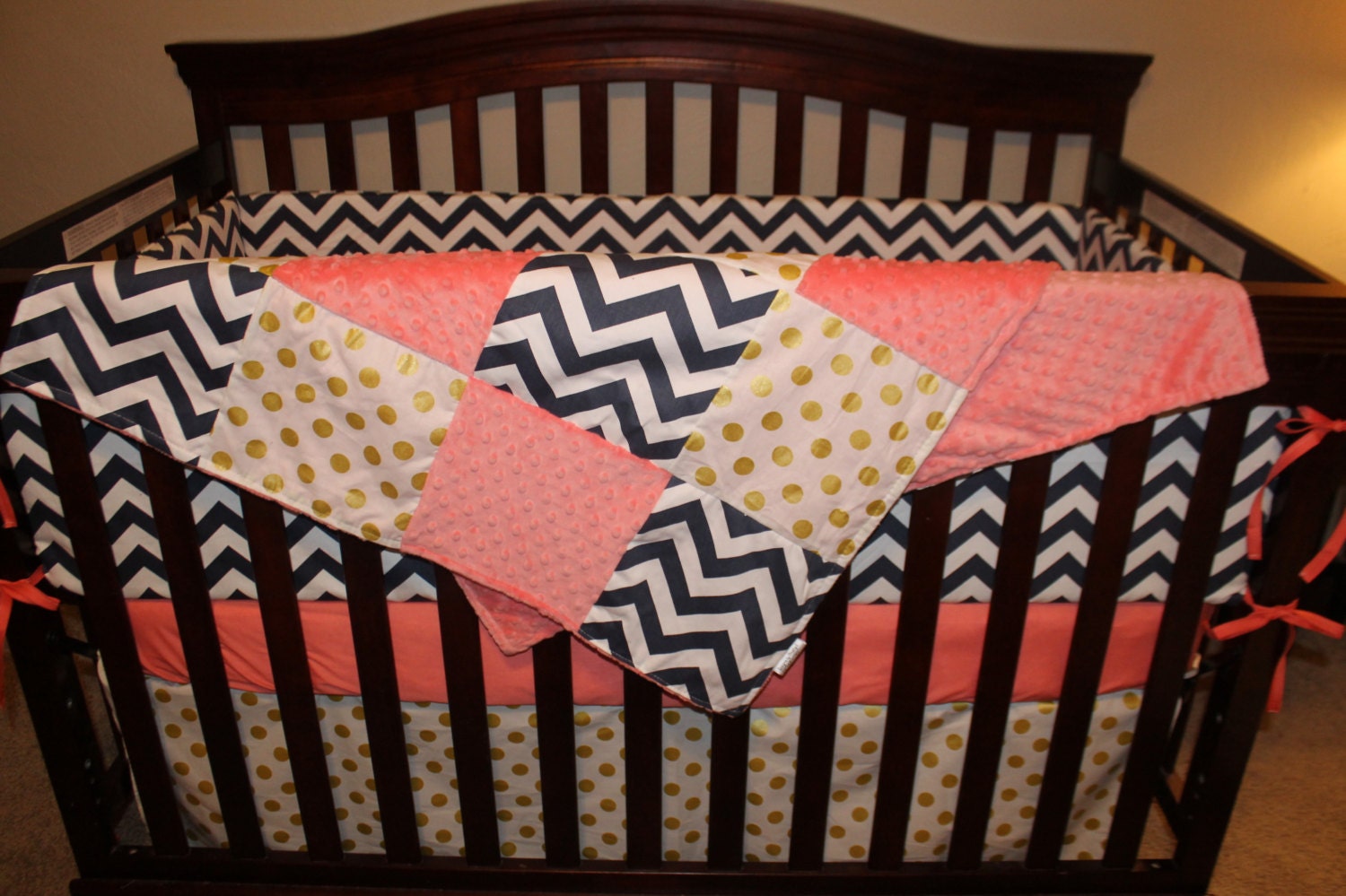 Baby Girl Crib Bedding Navy Chevron Coral and Glitz White