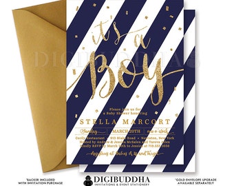 Boy BABY SHOWER INVITATION Navy & Gold Stripes Printable Baby Shower Invite Gold Glitter Its A Boy Calligraphy Free Shipping or DiY - Stella