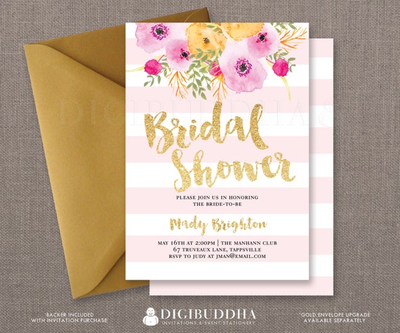 Pink Gold Bridal Shower Invitation Stripes Gold Glitter