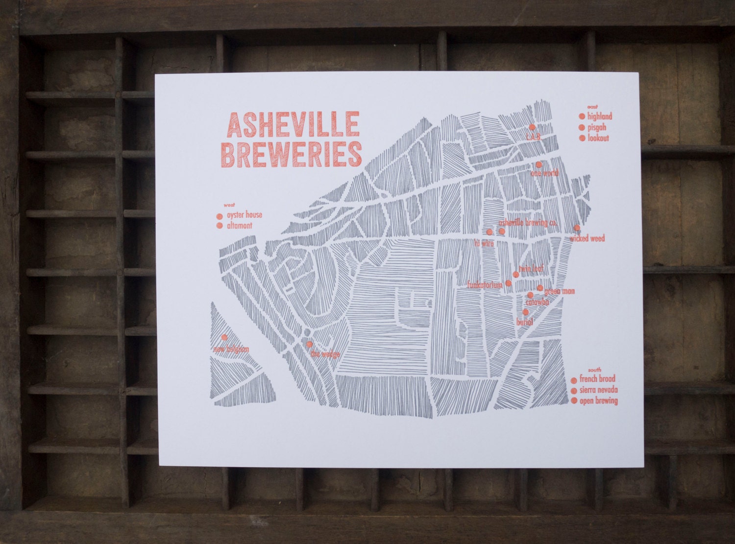 Asheville Beer Letterpress Map of Breweries by RatbeePress on Etsy