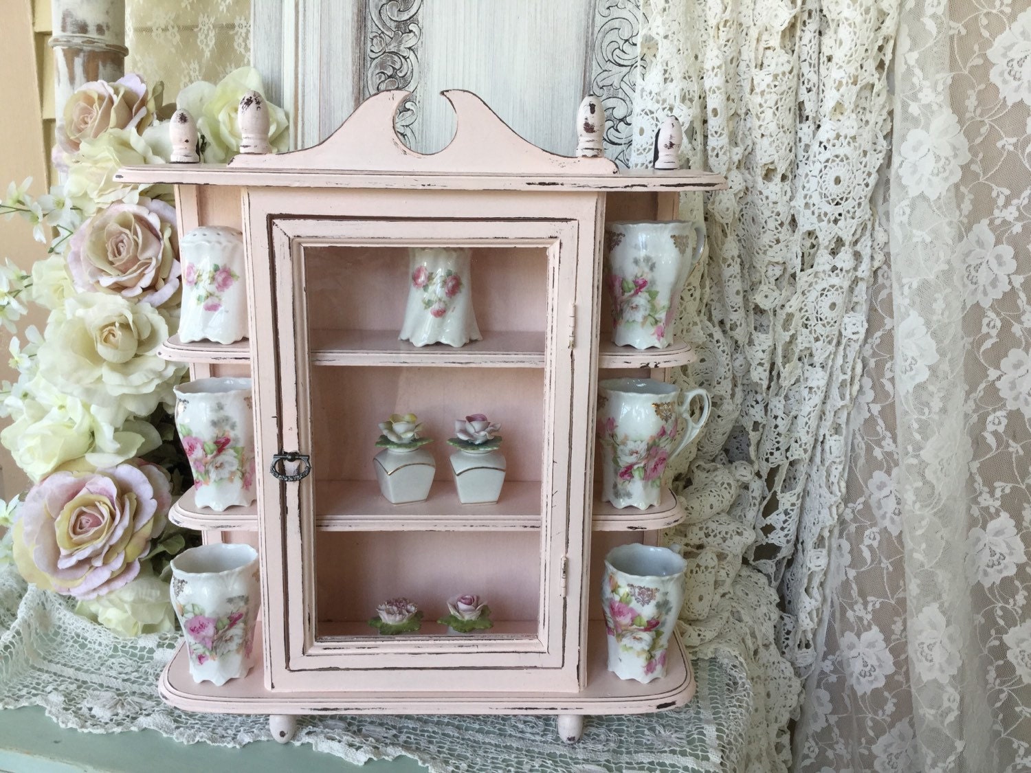shabby chic pink hanging curio cabinet with glass by fannypippin shabby chic pink hanging curio cabinet with glass by fannypippin