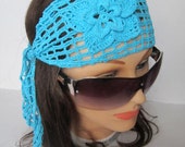 Crochet Turquoise Headband Turquoise Flower Lace Headband Summer Women Headband Aqua Head wrap Hair Accessories Gift under 15