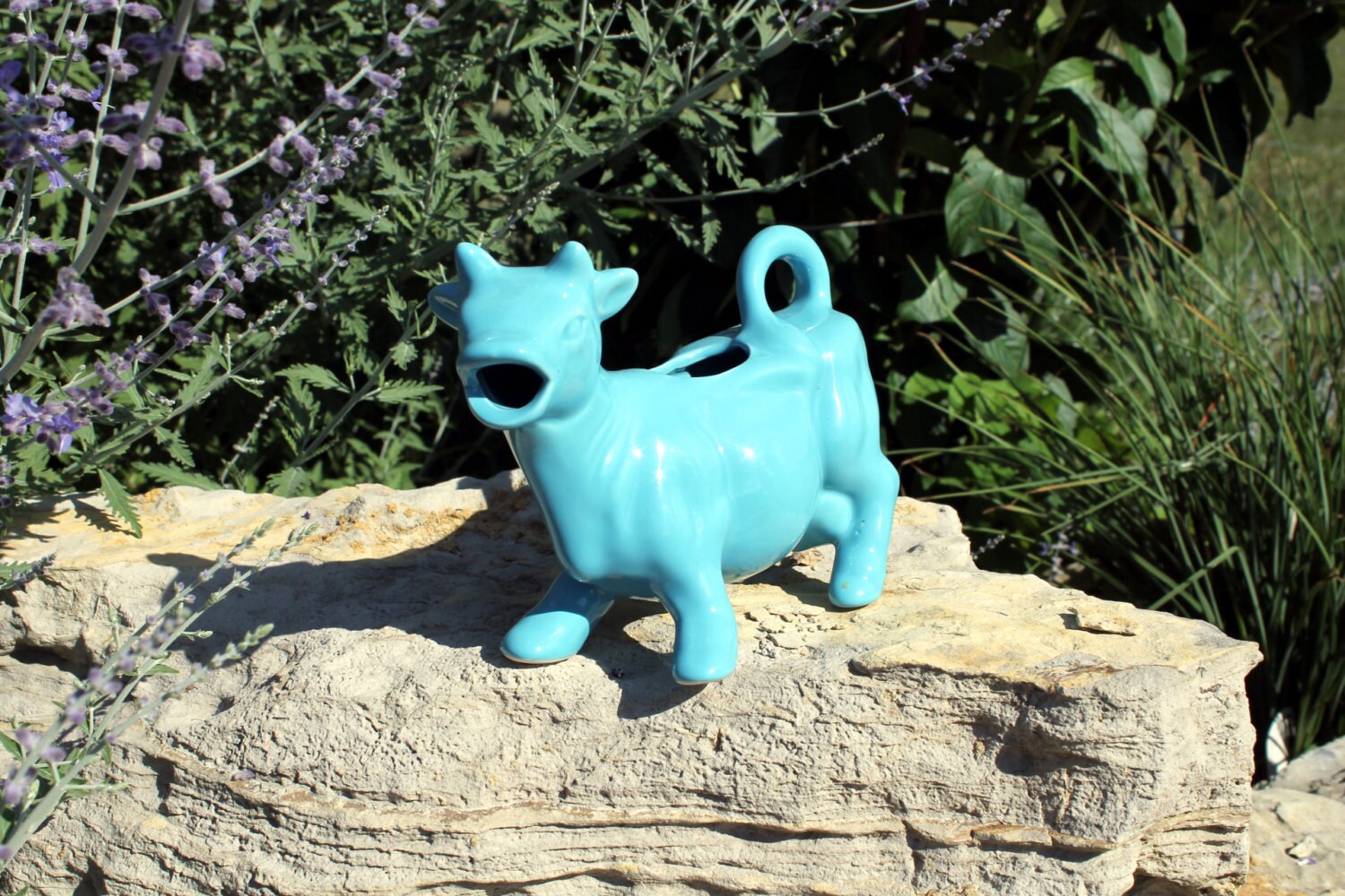 Vintage Turquoise Cow Creamer, Cream Server, Gravy Boat, Happy Cow Haute Juice