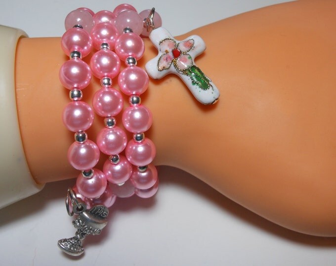FREE SHIPPING Communion Rosary bracelet five decade, pink glass pearls rose quartz Our Fathers, cloisonne cross, silver plated chalice medal