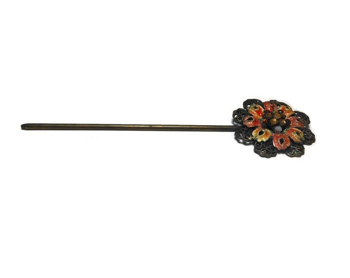 Victorian revival hair pin stick, bronze filigree, pinkish red enamel glitter petals, center taupe acrylic rhinestones, floral pin, vintage
