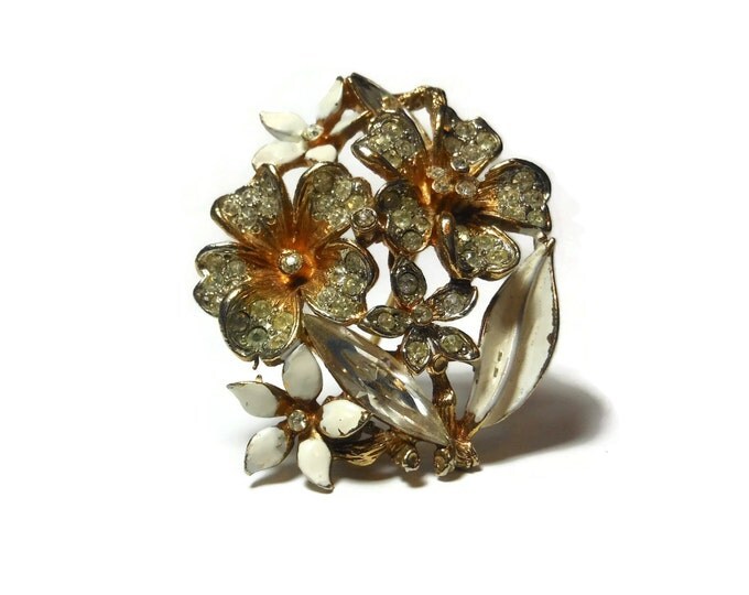 Capri floral brooch, pave rhinestones, navette rhinestones and white enamel petals in a coppery gold tone setting, great wedding piece