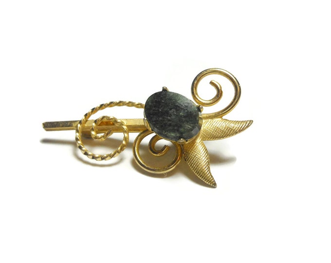 FREE SHIPPING Ekelund floral lapel pin brooch, 1/20 12k gf with malachite or agate stone, graceful swirls, small