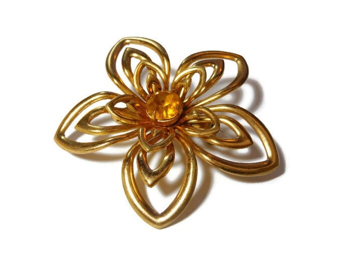 FREE SHIPPING 1940s Coro brooch, gold open work petals on this floral brooch with amber rhinestone faceted center, statement piece