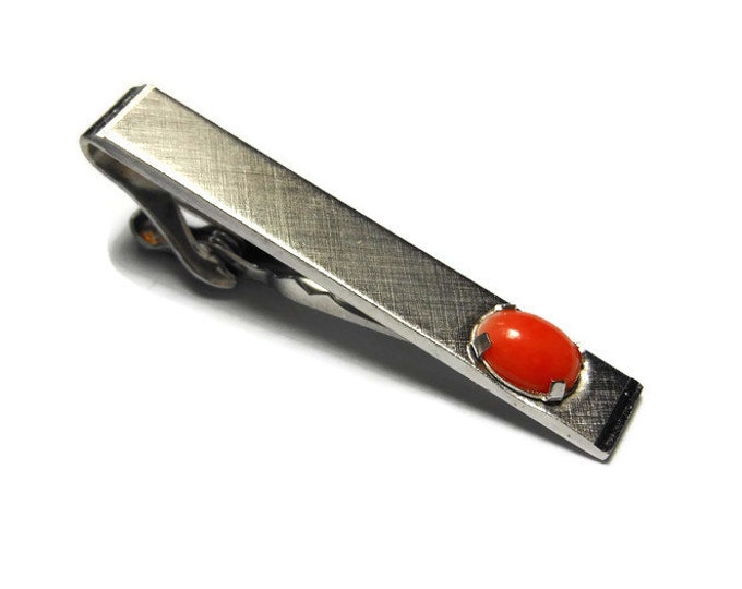 FREE SHIPPING Swank tie clip bar clasp tack or money clip, brushed silver cross hatch pattern, orange prong set cabochon