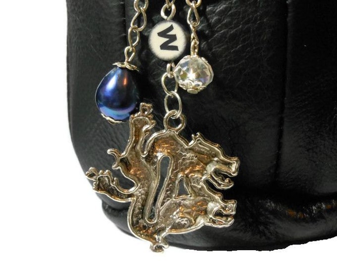 Personalized dragon clasp, Tibetan silver dragon, Swarovski AB crystal, blue cultured pearl, coin charms, purse clasp, dice bag, keychain