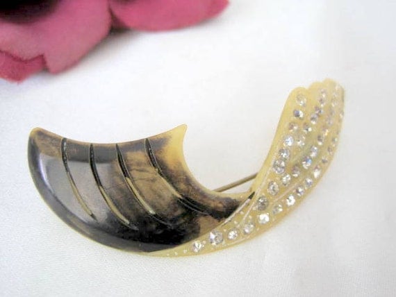 Celluloid Rhinestone Brooch - Vintage 30's Feather- Rhinestone Design Pin