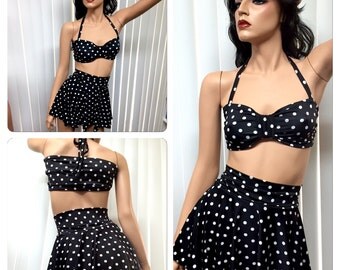 VICTORIA- black and white polkadot skirted bathingsuit, retro bathingsuit, high waisted bikini, polkadot high waisted bikini, polkadots