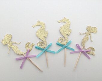 20 Mermaid/Seahorse Mix Cupcake Topper. Under the Sea Party Decorations. Mermaid and Seahorse Cupcake Decor. Aqua and Lavender Bow.