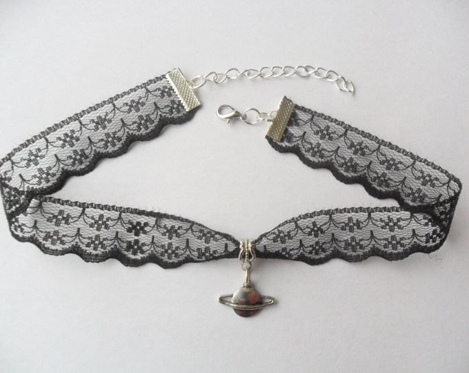 Black lace choker necklace with silver tone planet saturn pendant, Ribbon Choker Necklace
