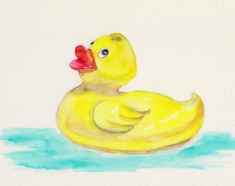 Rubber Ducky Matted Fine Art Print from Original Watercolor Painting - Bathroom Picture Bathtub Toy Yellow Plastic Duck