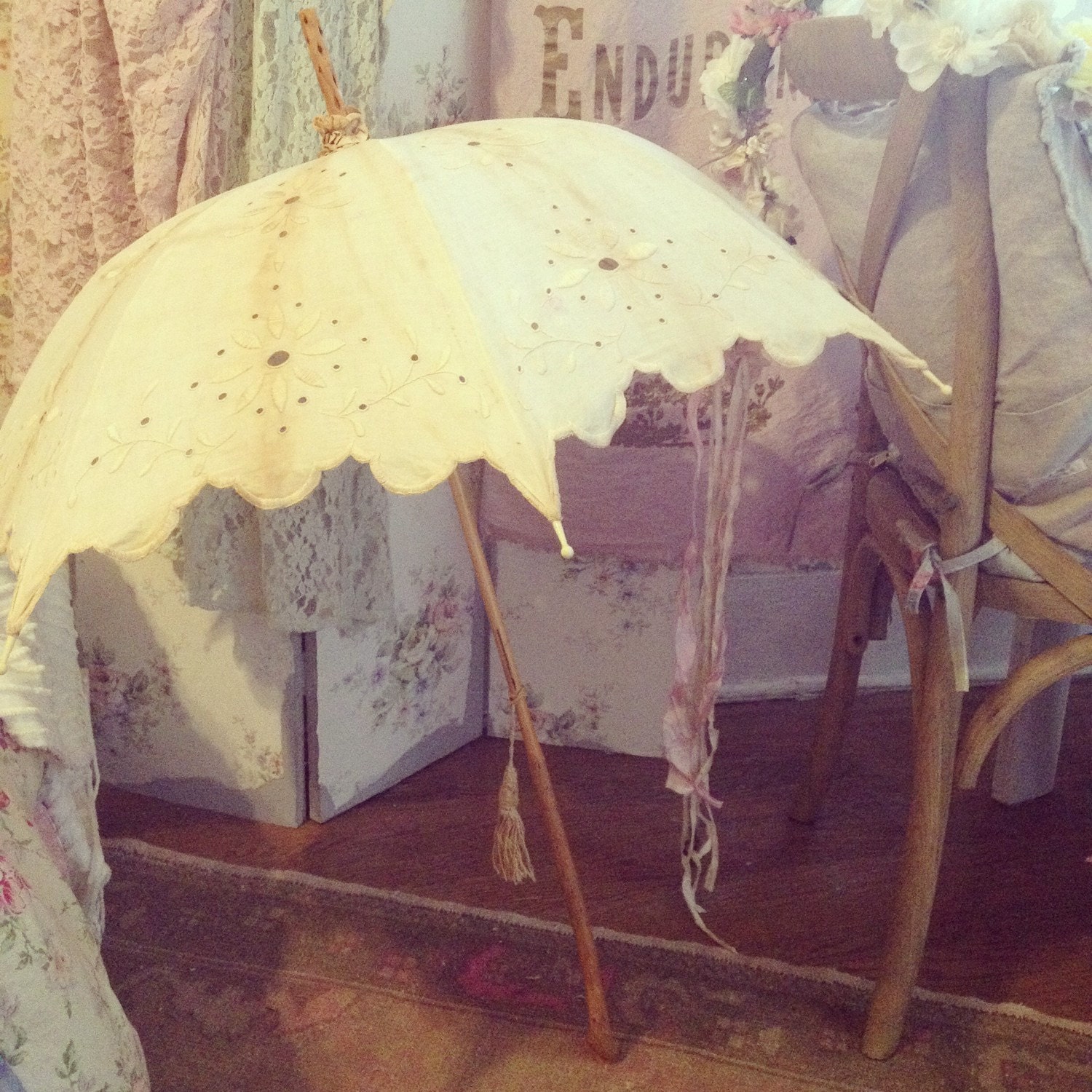 Antique RESERVED french linen embroidered floral parasol wood