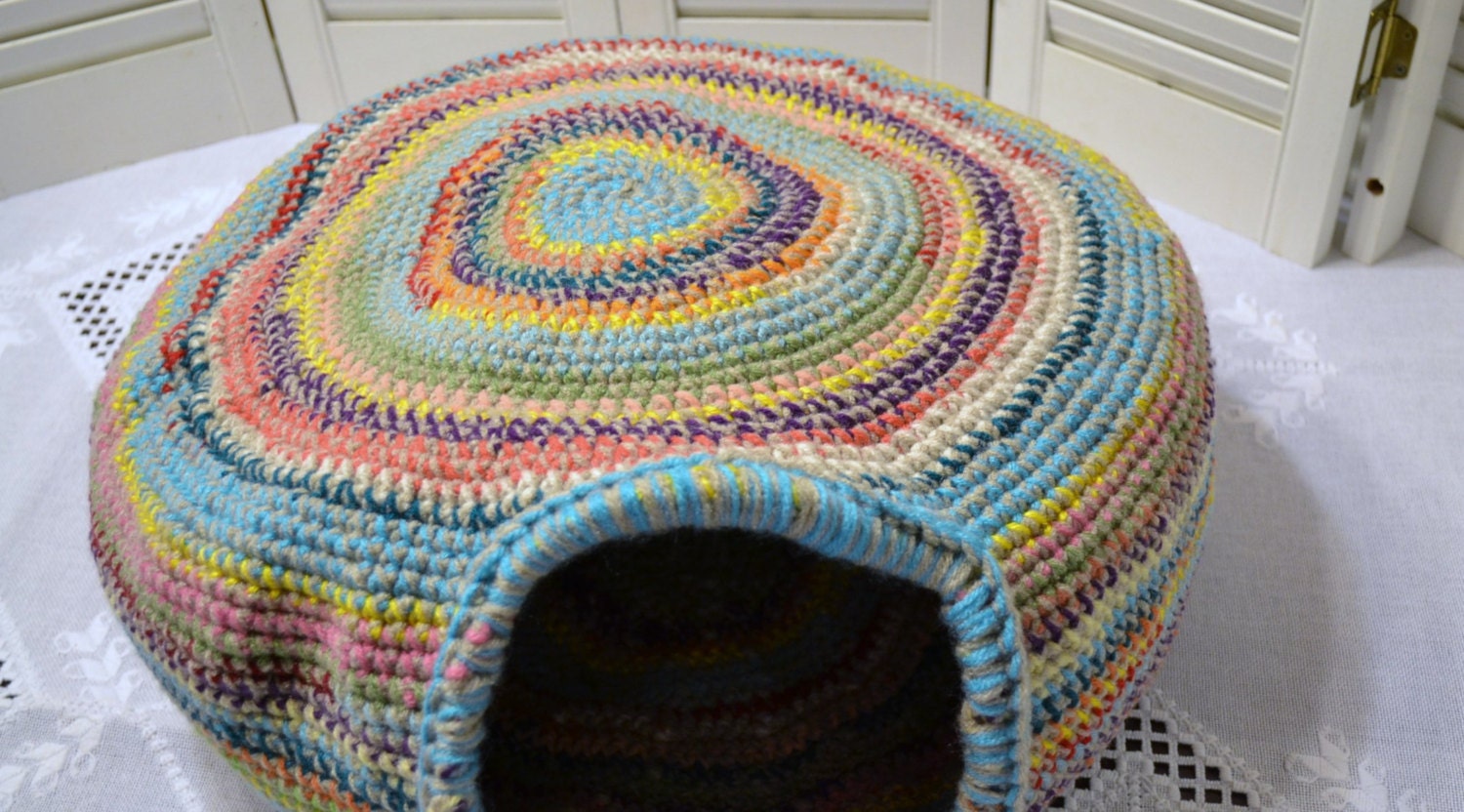 Crochet Cat Cave Nest Pet Bed Large Multi Color Rainbow