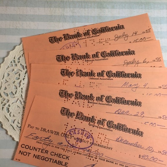 5 Bank Checks 1950's / Vintage Checks the Bank of by TheBrownPear