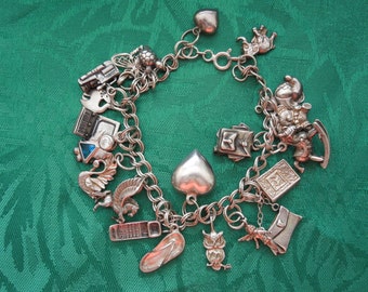 Vintage Silver Charm Bracelet with 20 Charms, Mostly Silver, 1 Gold, Bracelet Stamped 925