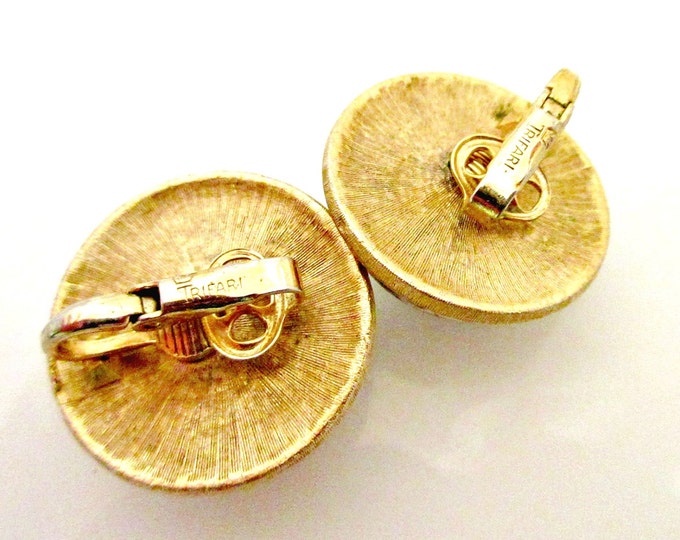 Dome Earrings - Signed Crown Trifari - white green speckle and gold clip on earring