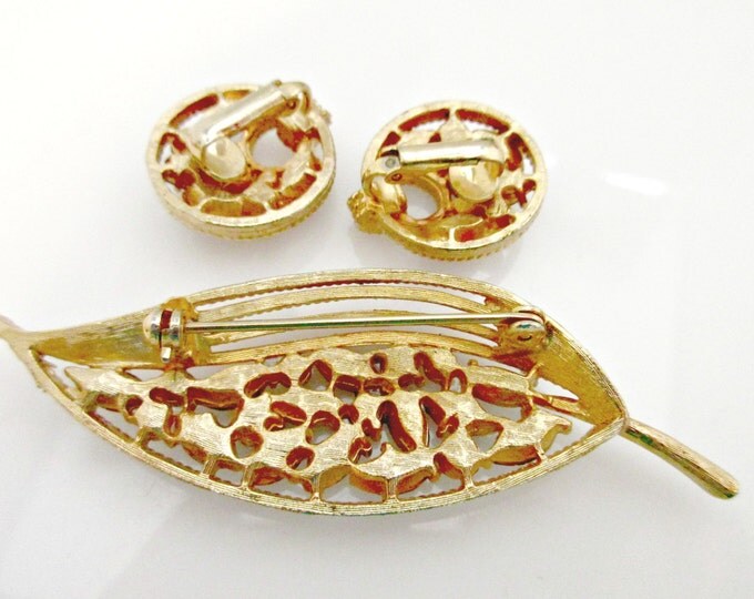 Rhinestone Brooch and earrings set - gold leaf - brown green rhinestone - Autumn Earth tone -Mid Century