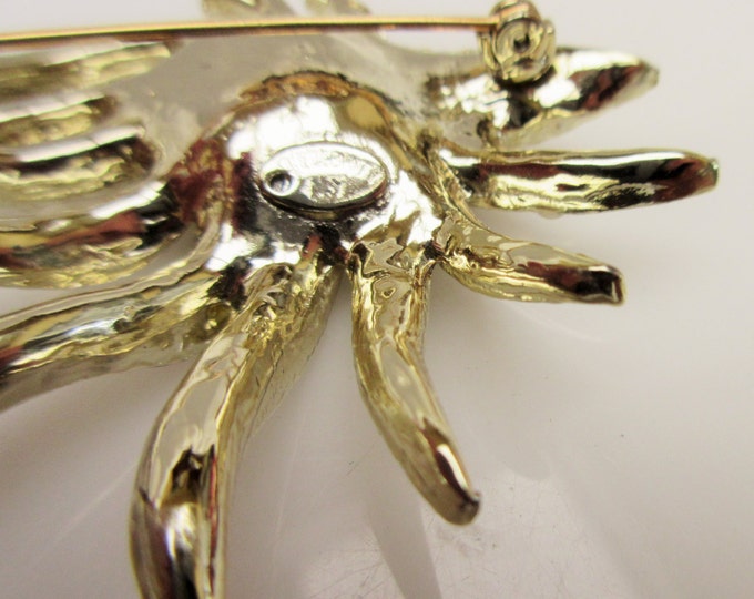 Flower brooch - pearls green art glass - Signed Celebrity New York - Mid century pin