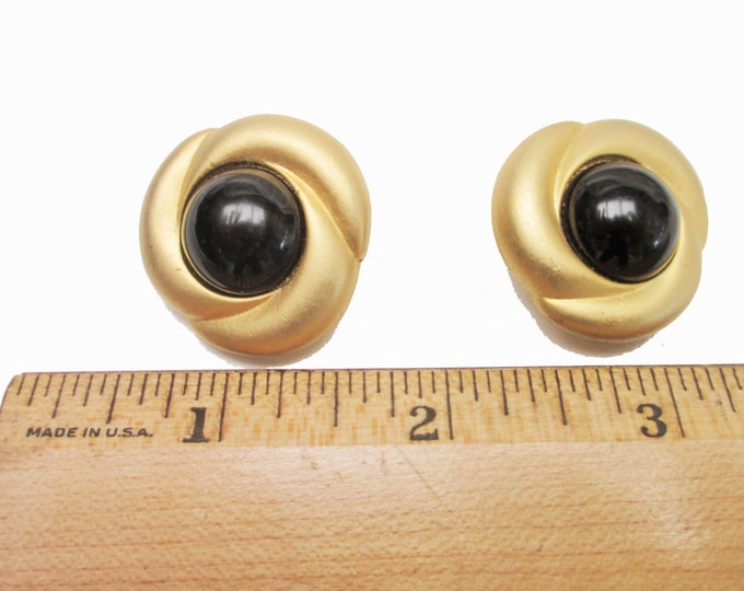 Norma Jean Earrings - Gold Black -round button - Clip On earrings