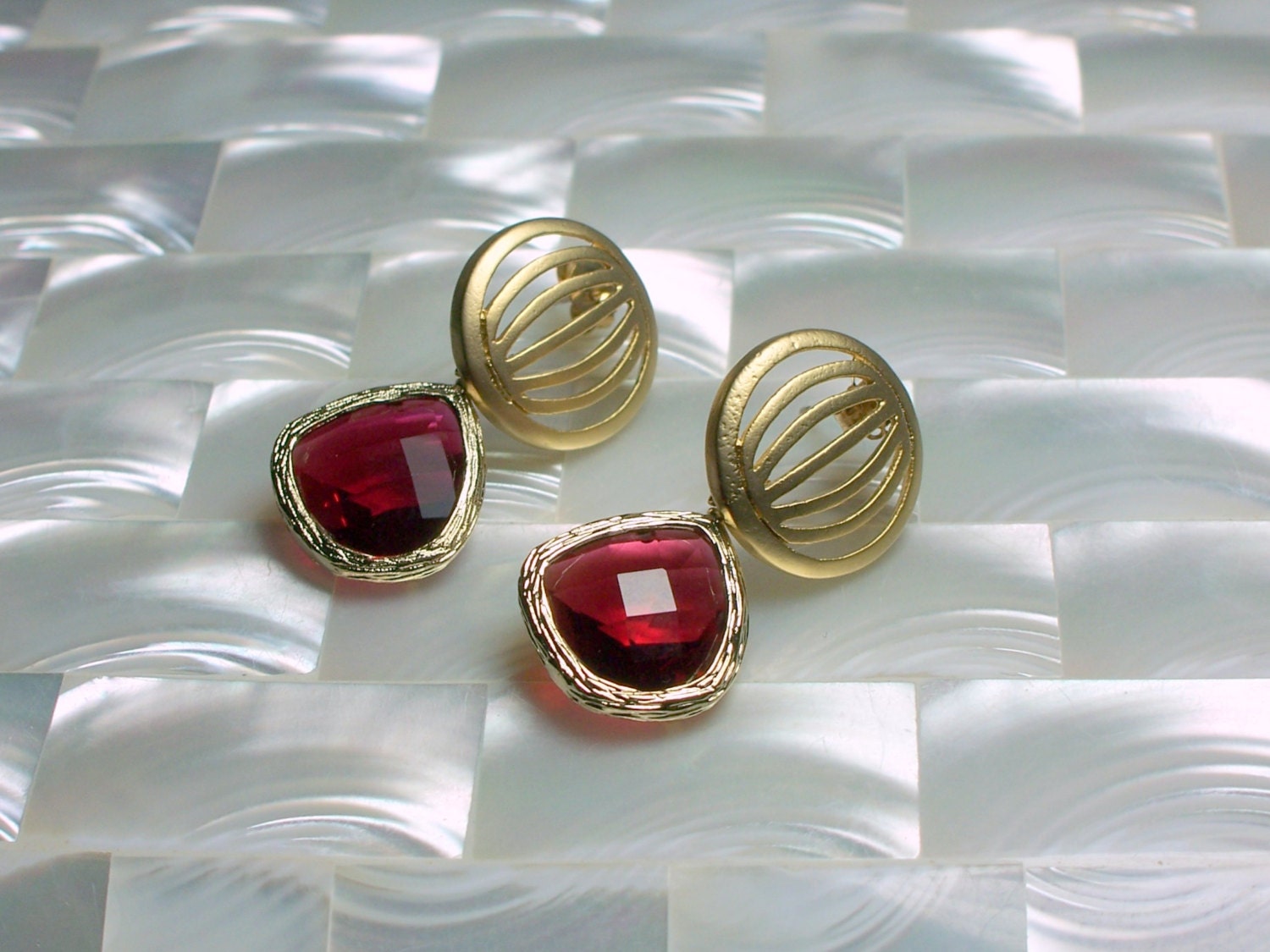 Post Earrings Glass Drop Dangle Earrings Ruby and Gold
