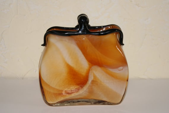 Vintage 1970s Murano Glass Purse Shaped Vase Cased Slag Glass Caramel Beige White Swirl Motif